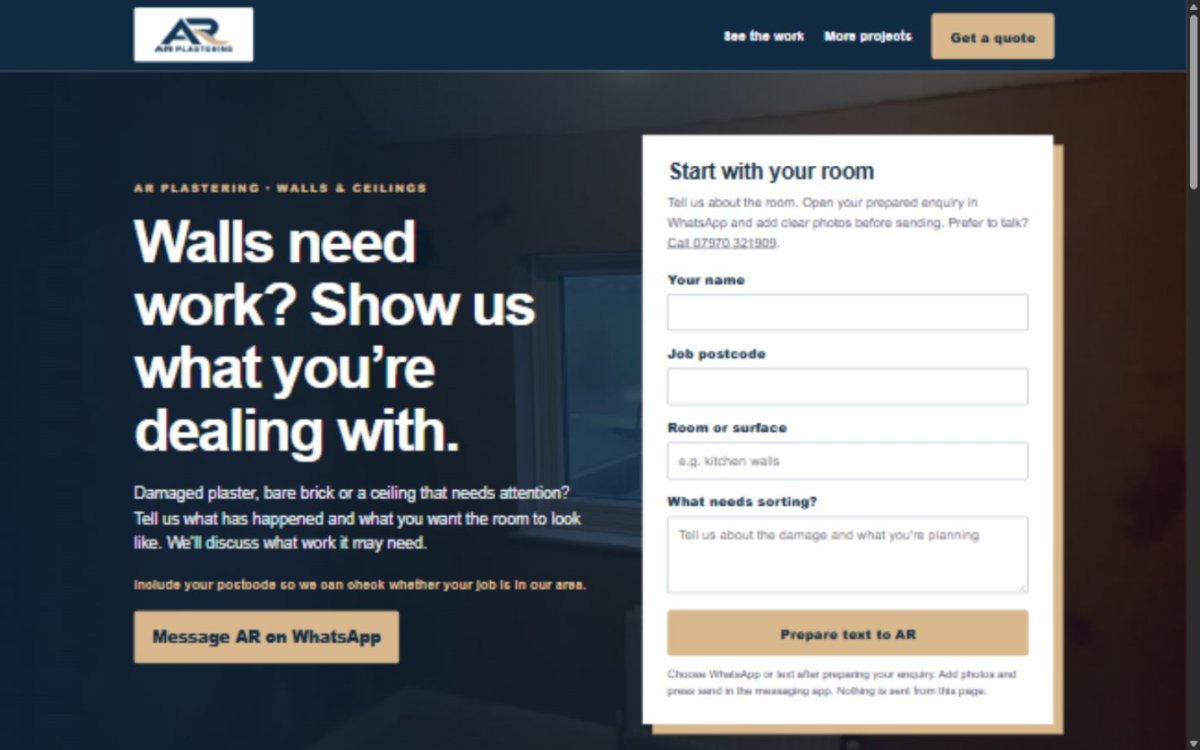 AR Plastering quote landing page