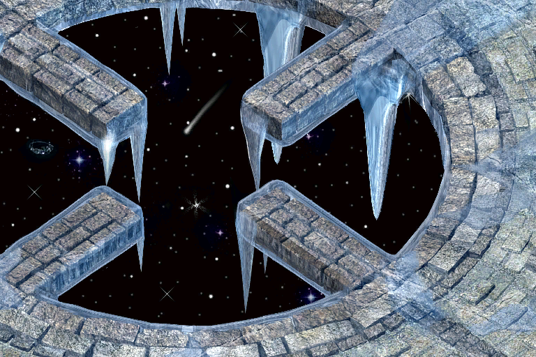 Actual installed Frost Crown Arena map: icy walkways above a star field