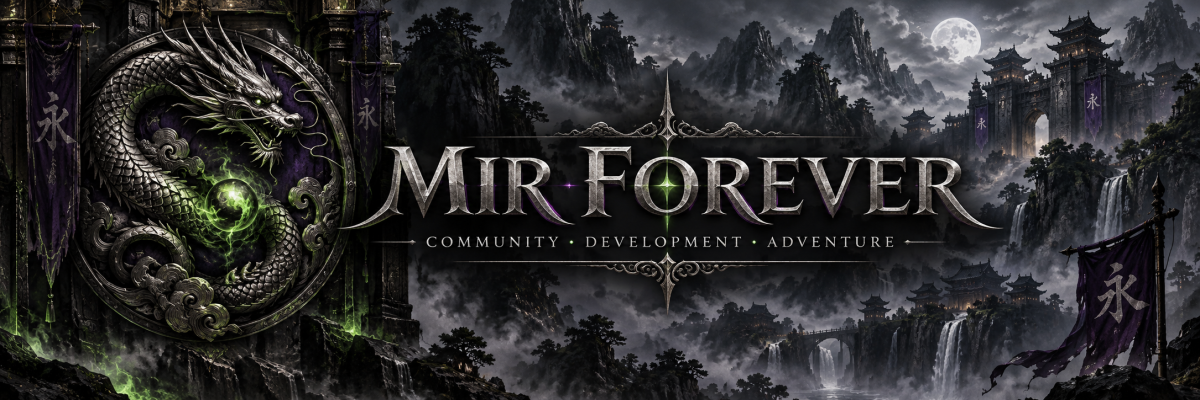 Mir Forever — community, development, adventure. A silver dragon crest and mountain fortress in purple and green.