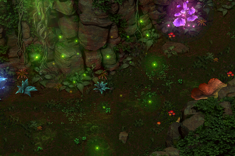 Actual rendered game map: lush forest with purple flowers and green lights